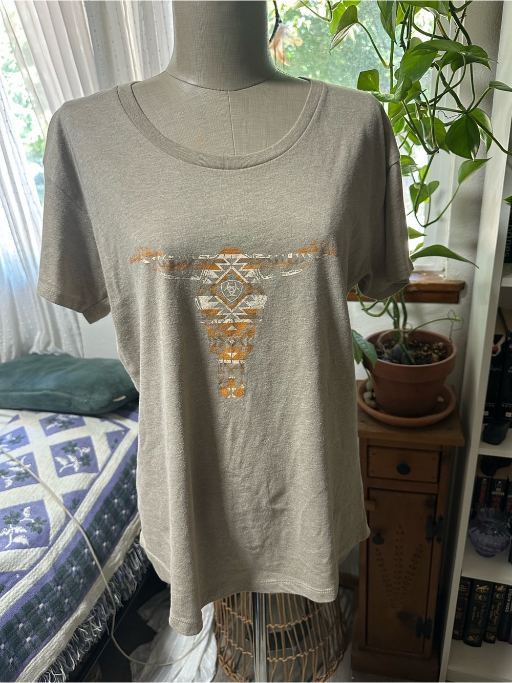 Ariat Taupe Short-Sleeve Tee with Orange Tribal Longhorn Graphic